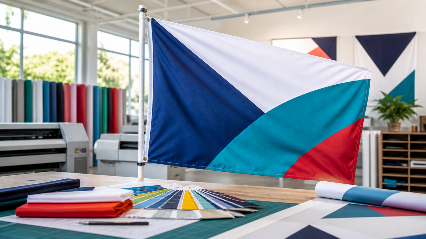 Custom flag design displayed in a print workshop with fabric swatches