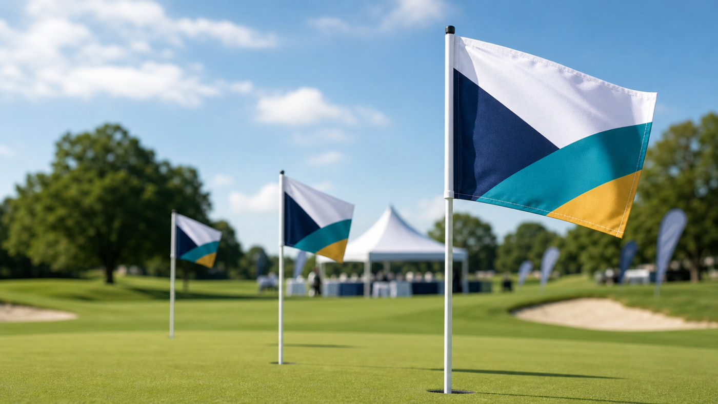 Custom golf flags on a golf course for events and course branding
