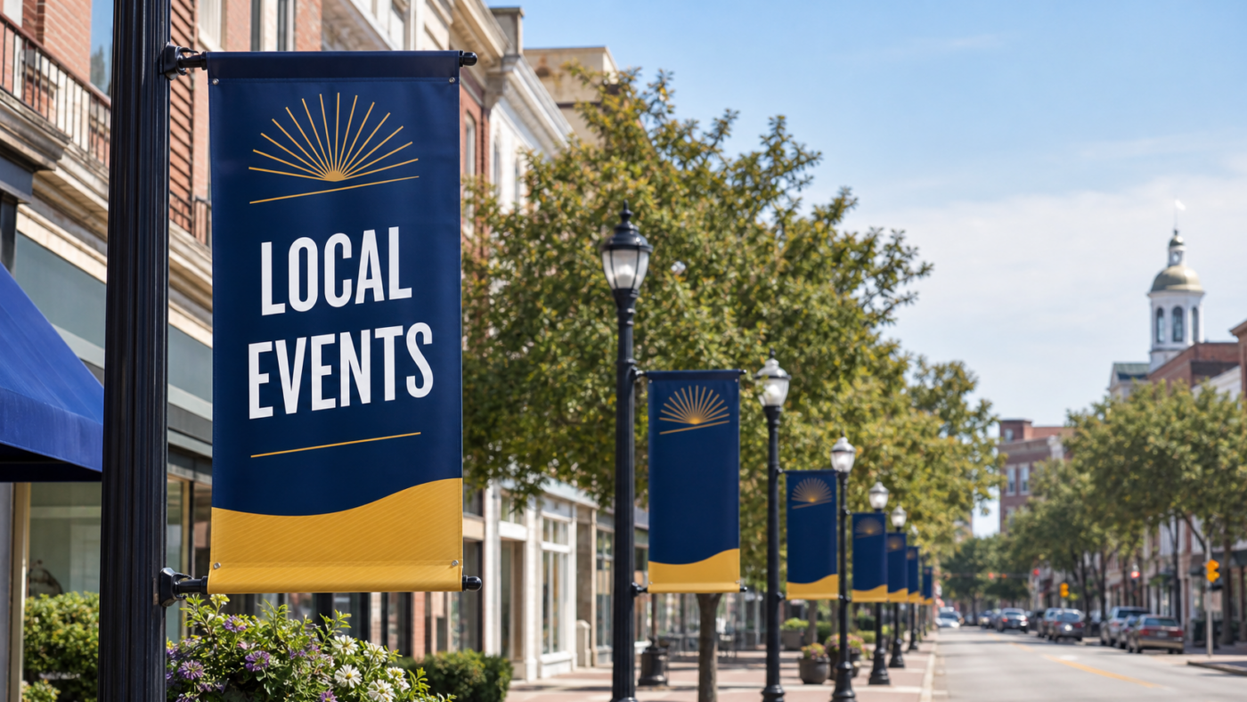 Custom street banners mounted along a downtown pole corridor for local event branding and district identity.