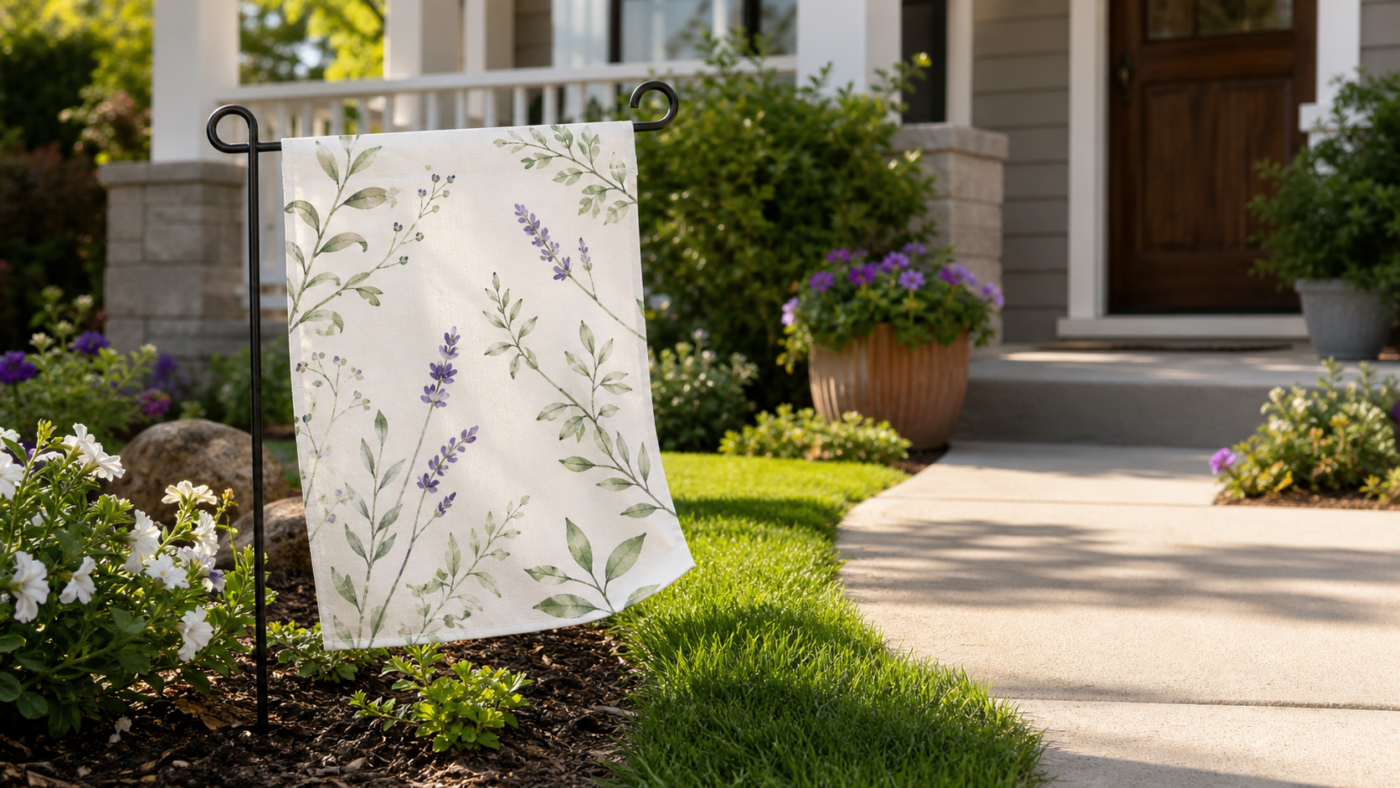 Custom garden flag displayed beside a landscaped front walkway with flowers and a home entrance in the background.
