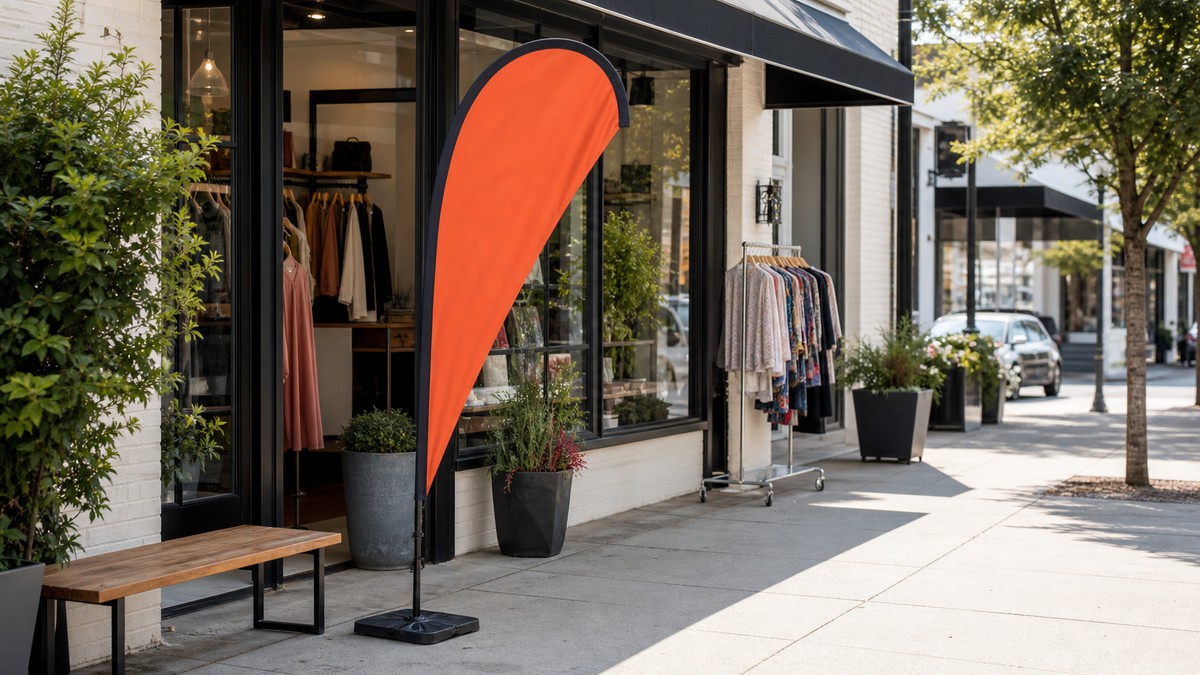 Custom flag teardrop display outside a storefront for sidewalk promotion and quick street visibility.
