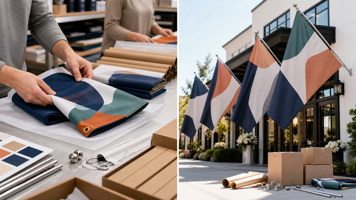 Packed custom flags with shipping boxes beside installed promotional flags outside a venue.