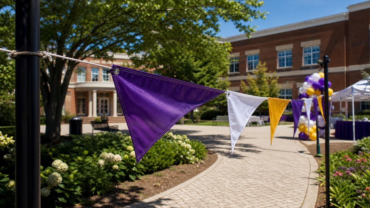 Custom pennant flags strung across a school courtyard walkway with reinforced edges and secure outdoor mounting.