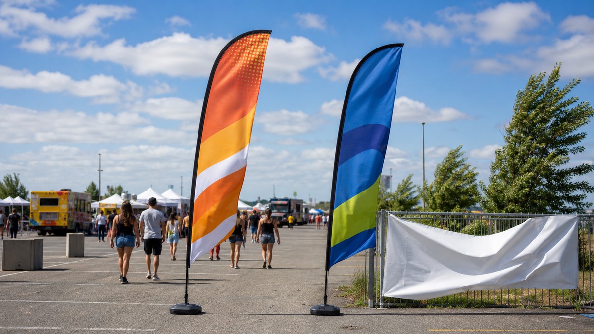 Custom feather flags standing upright at a breezy outdoor festival entrance while a traditional banner sags in the background.