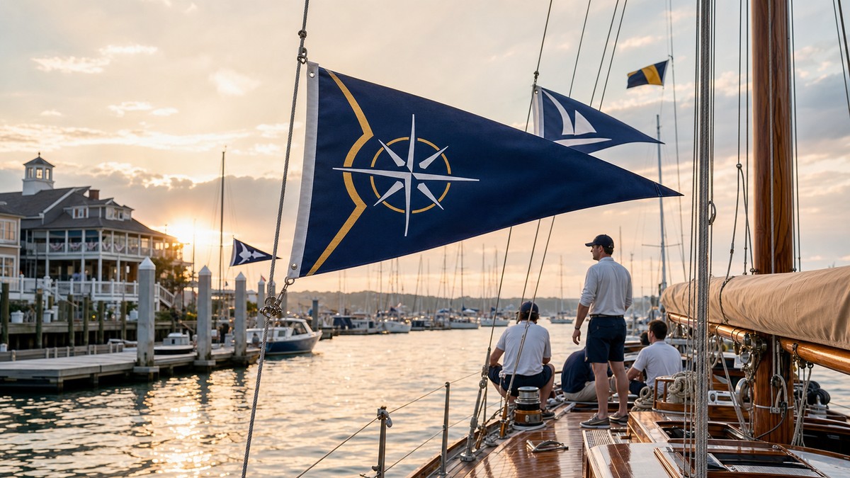 Custom burgee flag flying from a yacht at a marina during regatta preparation.