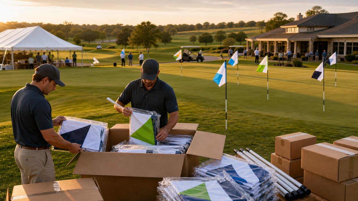 Bulk custom golf flag order being unpacked on a golf course with matching flags already installed for an event.